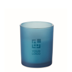 Kaars met vanillegeur van plantaardige was en houten lont kleur blauw weergave met bedrukking