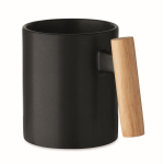 Keramische mok met originele rechte houten handgreep 320 ml kleur zwart