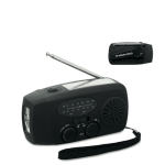 Draagbare zonne-energie radio met zaklamp en nood-powerbank kleur zwart weergave met bedrukking
