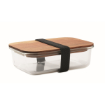 Glazen lunchbox met houten deksel en elastische sluitband kleur doorzichtig