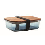 Glazen lunchbox met houten deksel en elastische sluitband kleur doorzichtig blauw