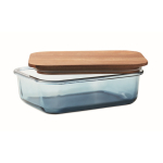 Glazen lunchbox met houten deksel en elastische sluitband kleur doorzichtig blauw tweede weergave
