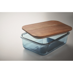 Glazen lunchbox met houten deksel en elastische sluitband kleur doorzichtig blauw foto bekijken derde weergave