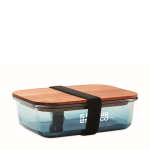 Glazen lunchbox met houten deksel en elastische sluitband kleur doorzichtig blauw weergave met bedrukking