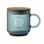 Originele geribbelde glazen mok met acaciahouten deksel 300 ml kleur doorzichtig blauw