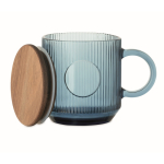 Originele geribbelde glazen mok met acaciahouten deksel 300 ml kleur doorzichtig blauw tweede weergave