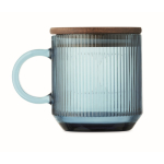 Originele geribbelde glazen mok met acaciahouten deksel 300 ml kleur doorzichtig blauw zesde weergave