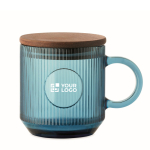 Originele geribbelde glazen mok met acaciahouten deksel 300 ml kleur doorzichtig blauw weergave met bedrukking