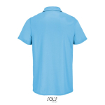 Sportpolo van gerecycled polyester met korte mouwen en 3 knoopjes kleur cyaan blauw achter aanzicht