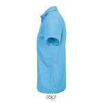 Sportpolo van gerecycled polyester met korte mouwen en 3 knoopjes kleur cyaan blauw zij aanzicht