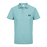 Sportpolo van gerecycled polyester met korte mouwen en 3 knoopjes kleur lichtblauw weergave met bedrukking