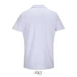 Unisex polo van 100% gekamd katoen met geribbelde kraag en 2 knoopjes kleur lila achter aanzicht