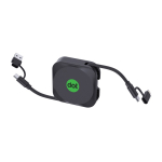Telefoonhouder met oprolbare kabel 100 cm en 100 W snelladen kleur zwart weergave met logo