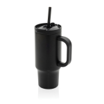 Thermobeker van gerecycled RVS met rietje en handvat 480 ml kleur zwart
