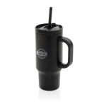 Thermobeker van gerecycled RVS met rietje en handvat 480 ml kleur zwart weergave met logo