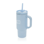 Thermobeker van gerecycled RVS met rietje en handvat 480 ml kleur blauw weergave met logo