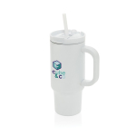 Thermobeker van gerecycled RVS met rietje en handvat 480 ml kleur wit weergave met logo