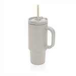Thermobeker van gerecycled RVS met rietje en handvat 480 ml kleur grijs
