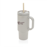 Thermobeker van gerecycled RVS met rietje en handvat 480 ml kleur grijs weergave met logo