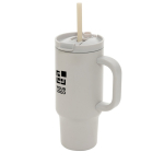 Thermobeker van gerecycled RVS met rietje en handvat 480 ml kleur grijs met afdrukgebied