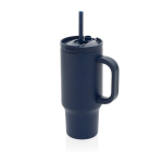 Thermobeker van gerecycled RVS met rietje en handvat 480 ml kleur marineblauw