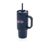 Thermobeker van gerecycled RVS met rietje en handvat 480 ml kleur marineblauw weergave met logo