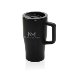 Premium keramische mok met handvat en lekvrij deksel 490 ml kleur zwart weergave met logo