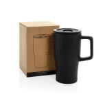 Premium keramische mok met handvat en lekvrij deksel 490 ml kleur zwart weergave met doos