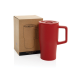 Premium keramische mok met handvat en lekvrij deksel 490 ml kleur rood weergave met doos