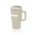 Premium keramische mok met handvat en lekvrij deksel 490 ml kleur grijs weergave met logo