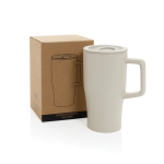 Premium keramische mok met handvat en lekvrij deksel 490 ml kleur grijs weergave met doos