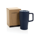 Premium keramische mok met handvat en lekvrij deksel 490 ml kleur marineblauw weergave met doos
