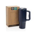 Gerecycleerde stalen drinkbeker met openklapbare tuit 900 ml kleur marineblauw weergave met doos