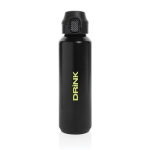 Sportfles van gerecycled staal met vergrendelbare lekvrije dop 600 ml kleur zwart weergave met logo