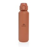 Sportfles van gerecycled staal met vergrendelbare lekvrije dop 600 ml kleur oranje weergave met logo