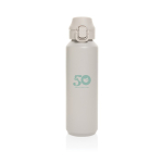 Sportfles van gerecycled staal met vergrendelbare lekvrije dop 600 ml kleur beige weergave met logo