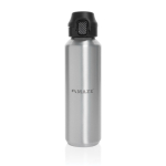 Sportfles van gerecycled staal met vergrendelbare lekvrije dop 600 ml kleur zilver weergave met logo