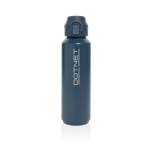 Sportfles van gerecycled staal met vergrendelbare lekvrije dop 600 ml kleur marineblauw weergave met logo