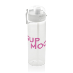 Sportfles van RPET met lekvrij deksel en rietje 800 ml kleur wit weergave met logo