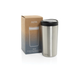 Eco take-away mok gerecycled materiaal en klikdeksel 400 ml Avira Alix kleur zilver weergave met doos