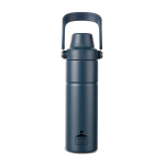 Thermosfles van gerecycled staal met handvat en dubbele opening 600 ml kleur marineblauw weergave met logo