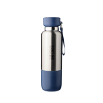 RVS drinkfles met polsriem en beker in de bodem 500ml kleur blauw met jouw bedrukking