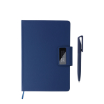 Notitieboek A5 gerecycled PU met gelinieerde pagina’s en blauwe balpen kleur blauw met jouw bedrukking
