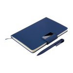 Notitieboek A5 gerecycled PU met gelinieerde pagina’s en blauwe balpen eerste weergave