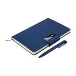 Notitieboek A5 gerecycled PU met gelinieerde pagina’s en blauwe balpen tweede weergave