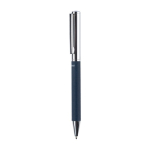 Draaibare rollerpen van messing en RPET met blauwe inkt eerste weergave
