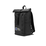 Rolltop reistas van waterdicht gerecycled polyester met laptopvak 14” kleur zwart afbeelding met logo
