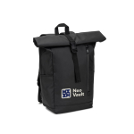 Rolltop reistas van waterdicht gerecycled polyester met laptopvak 14” kleur zwart afbeelding met logo