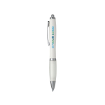 Balpen met blauwe inkt van gerecycled plastic met rubberen grip kleur wit met jouw bedrukking