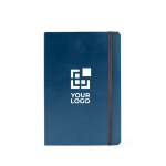 Notitieboek A5 van kunstleer met crèmekleurige geruite bladen kleur marineblauw met afdrukgebied
